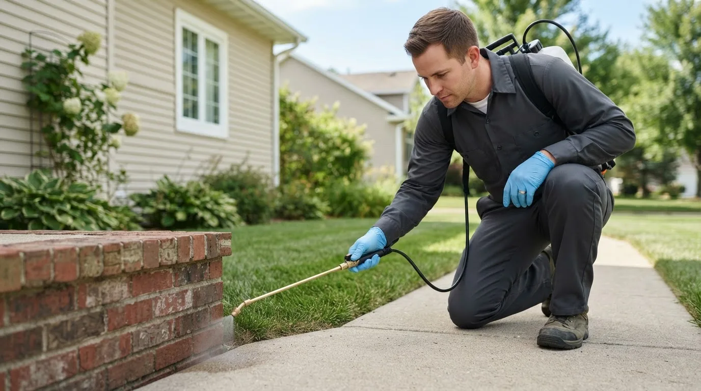 Pest control technician treating a home near Centerburg, OH