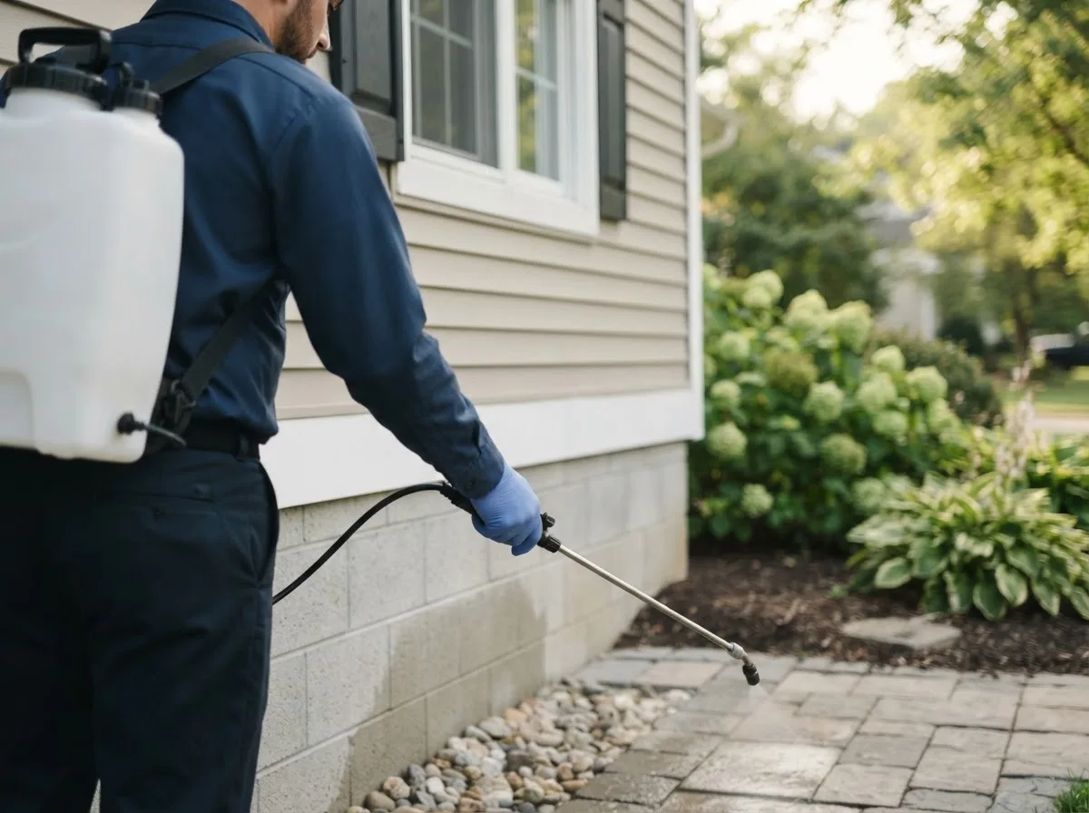 Pest control technician inspecting a home in Centerburg, OH